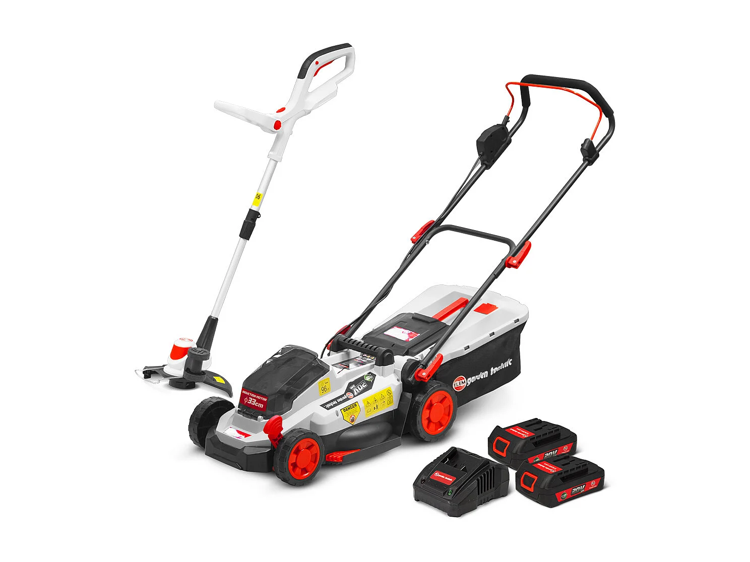 Tondeuse et coupe bordures rechargeables 20V max + 2 batteries - Elem Garden.