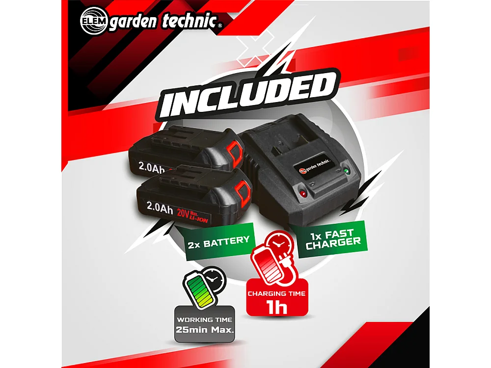 Tondeuse et coupe bordures rechargeables 20V max + 2 batteries - Elem Garden.