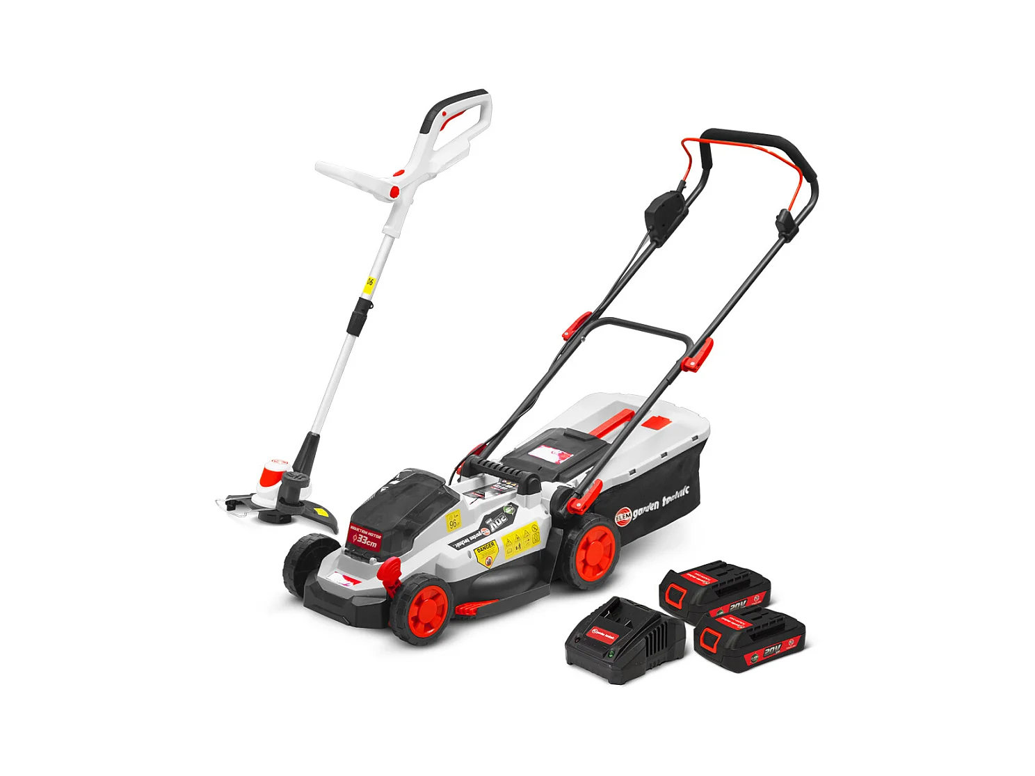 Tondeuse et coupe bordures rechargeables 20V max + 2 batteries - Elem Garden.