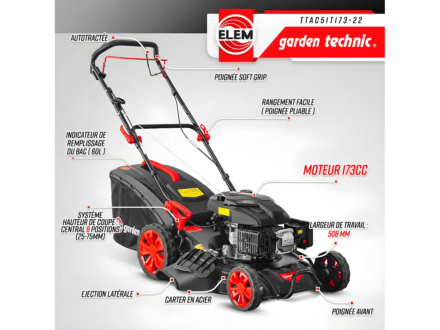 Tondeuse thermique autotractée 173 CC - 508mm avec éjection latérale et mulching - Elem Garden