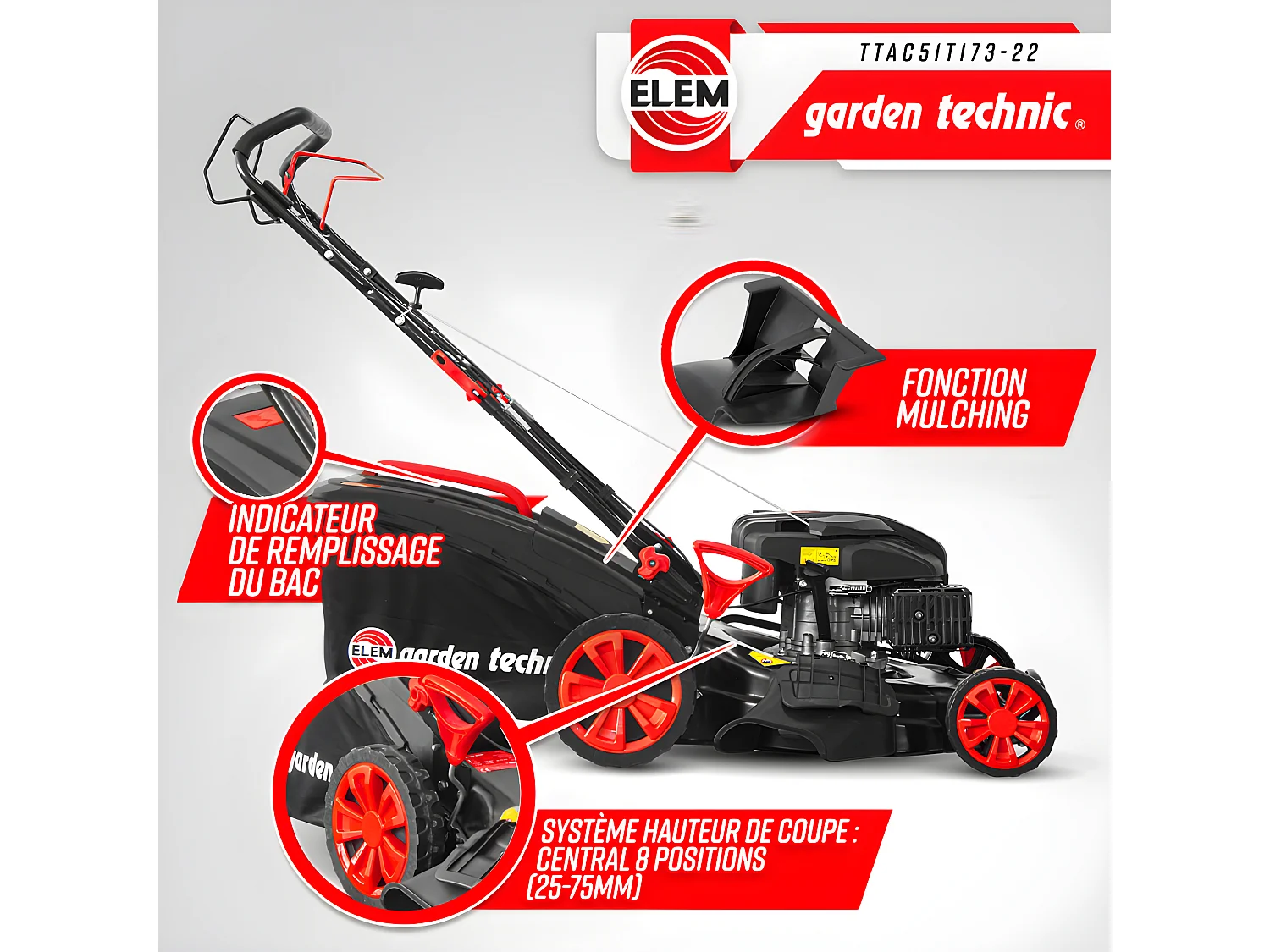 Tondeuse thermique autotractée 173 CC - 508mm avec éjection latérale et mulching - Elem Garden