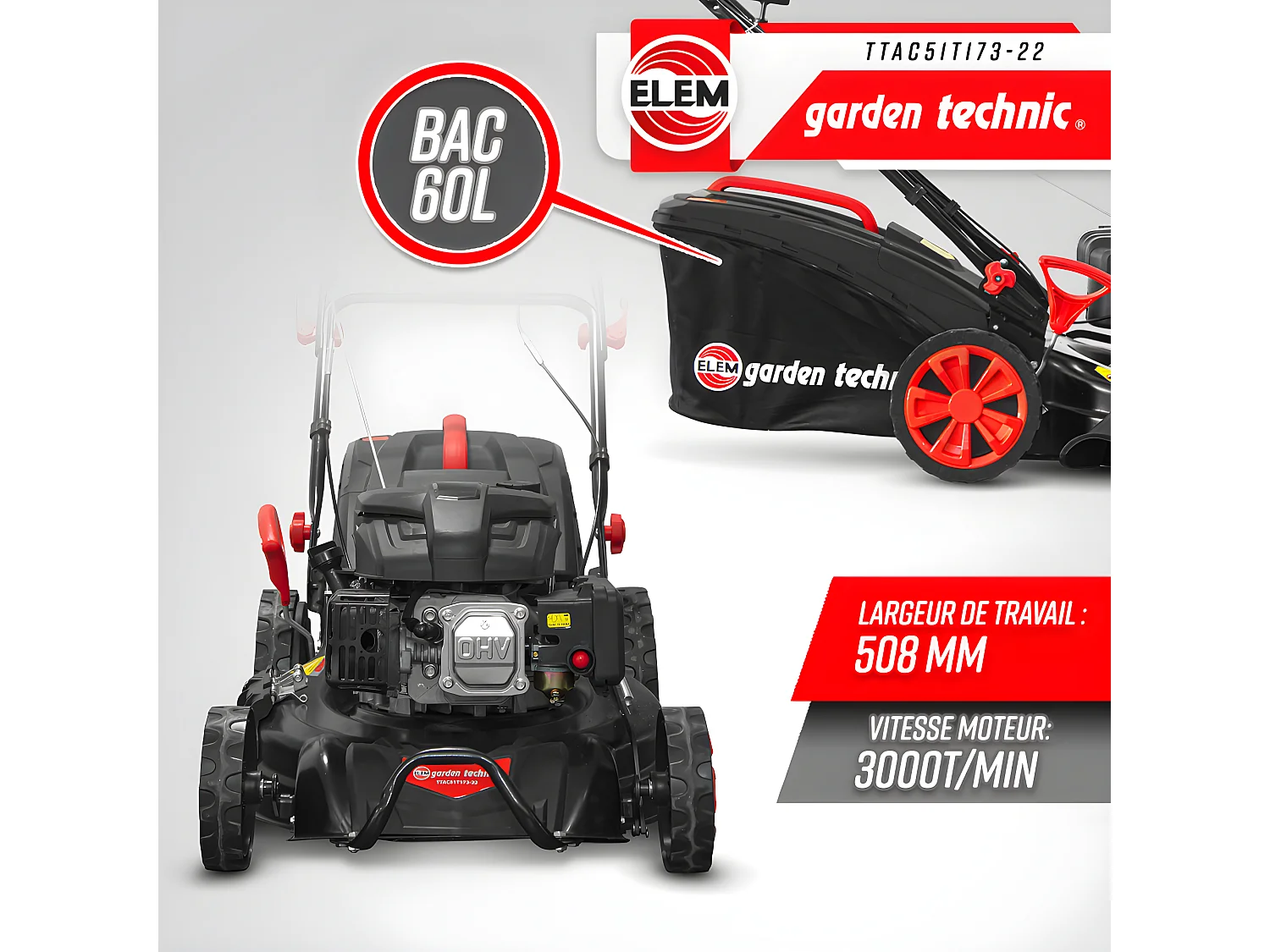 Tondeuse thermique autotractée 173 CC - 508mm avec éjection latérale et mulching - Elem Garden