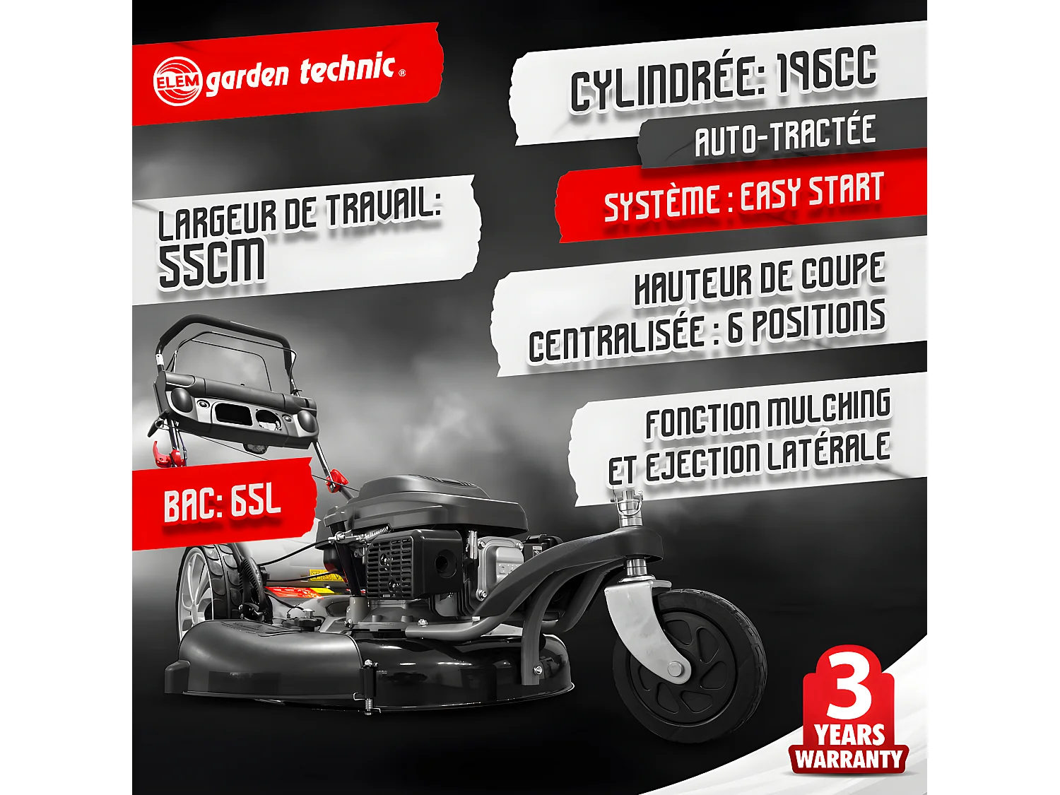 Tondeuse thermique tractée 3 roues 196cc - 55cm - 65L - Elem Garden