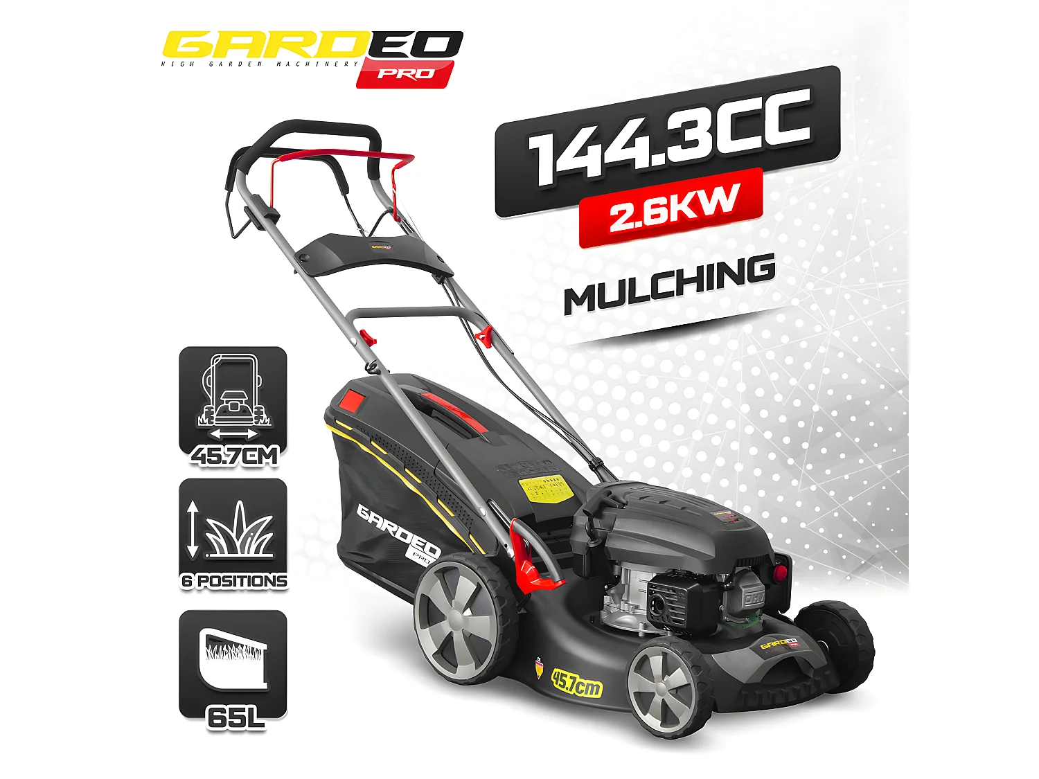 Tondeuse thermique autotractée 144.3cc - 46cm livrée avec 2 lames + mulching - Gardeo Pro