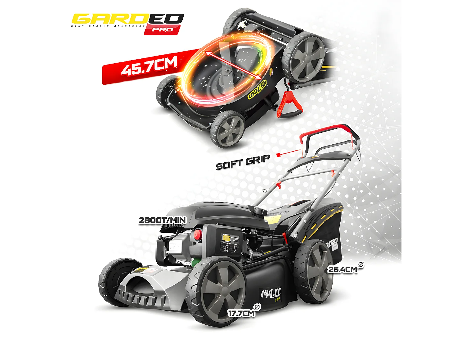 Tondeuse thermique autotractée 144.3cc - 46cm livrée avec 2 lames + mulching - Gardeo Pro