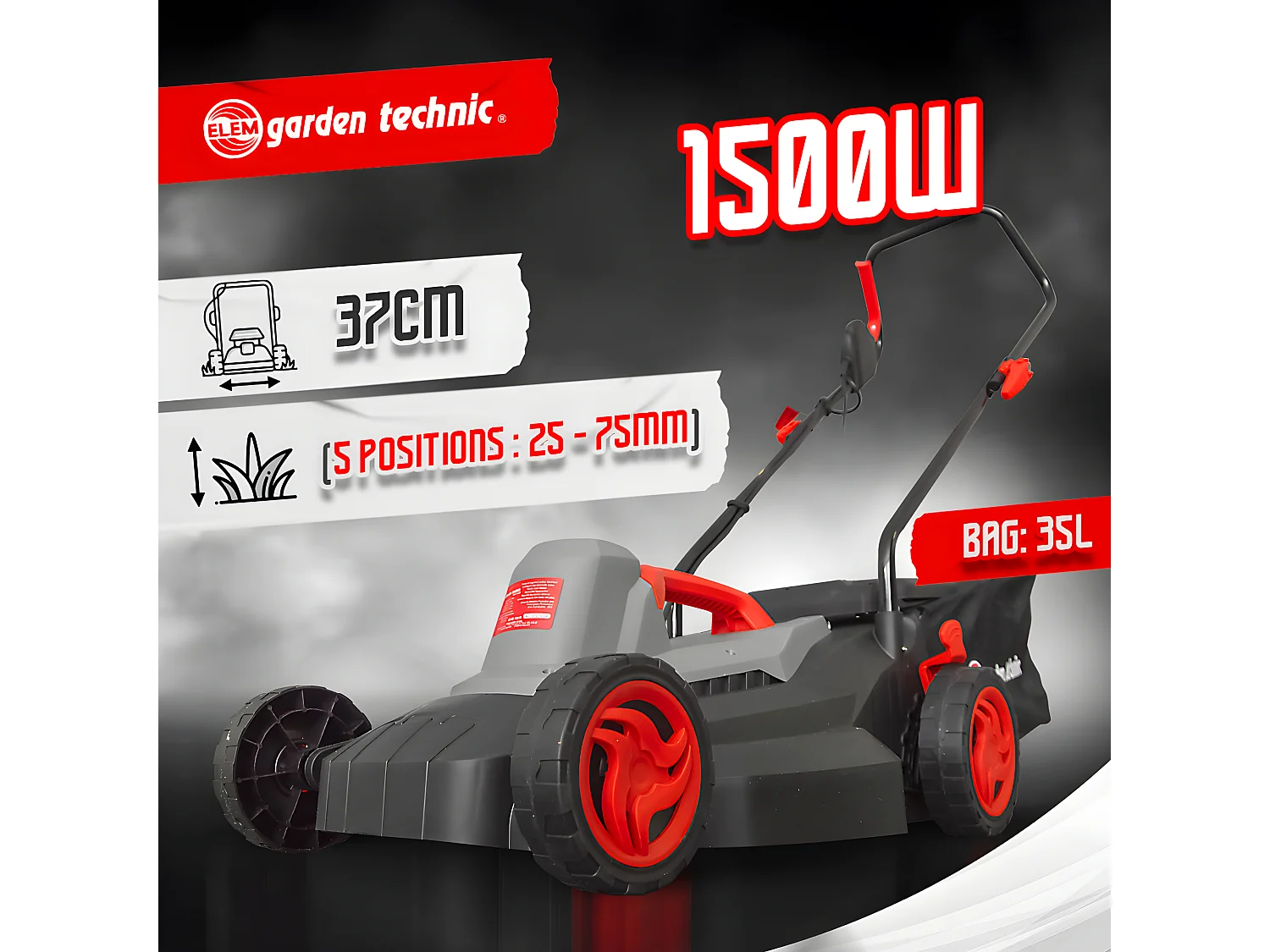 Tondeuse à gazon électrique 1500W - Largeur de coupe 37cm - Elem Garden