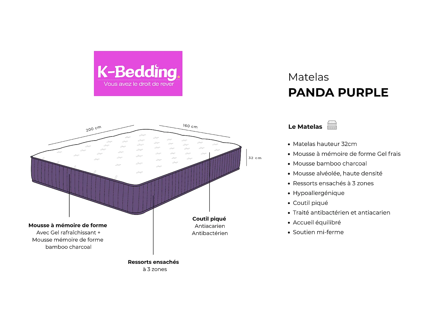 Matelas Panda purple 160x200 cm Hauteur 32 cm Mousse à Mémoire de Forme gel rafraîchissant ressorts ensachés