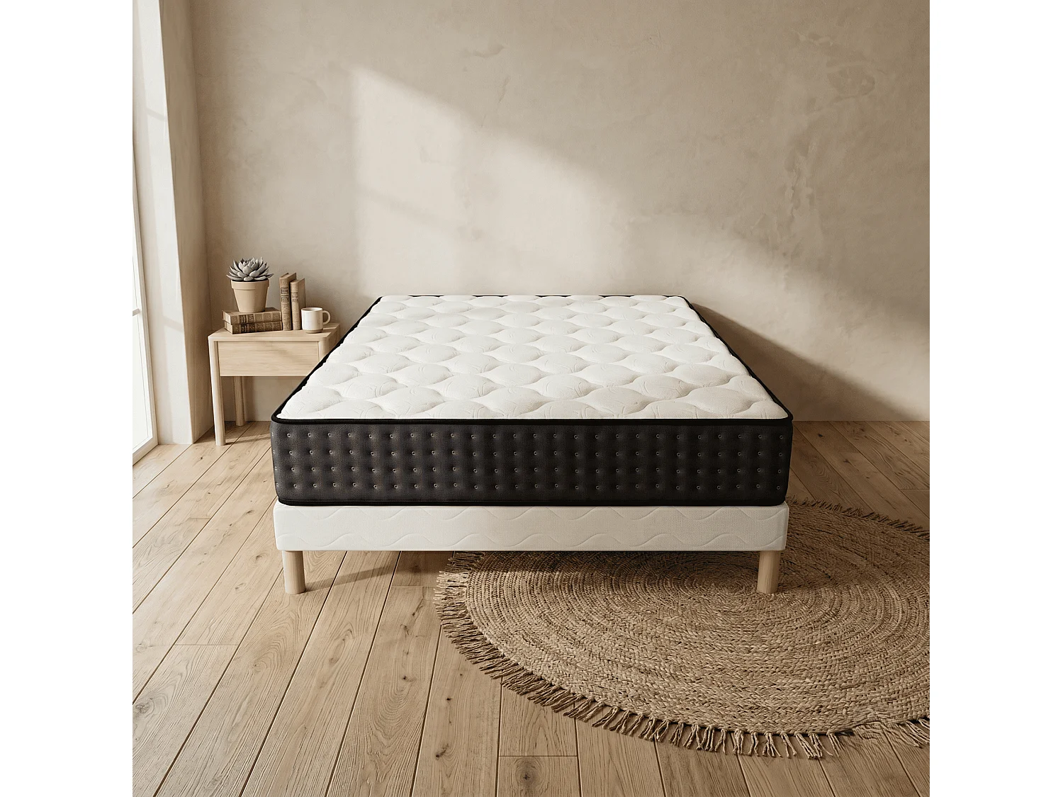 Ensemble Cosmos 160x200 cm Hauteur 26 cm Mousse Techno Foam haute densité avec Sommier Tapissier pin massif Confort mi-ferme