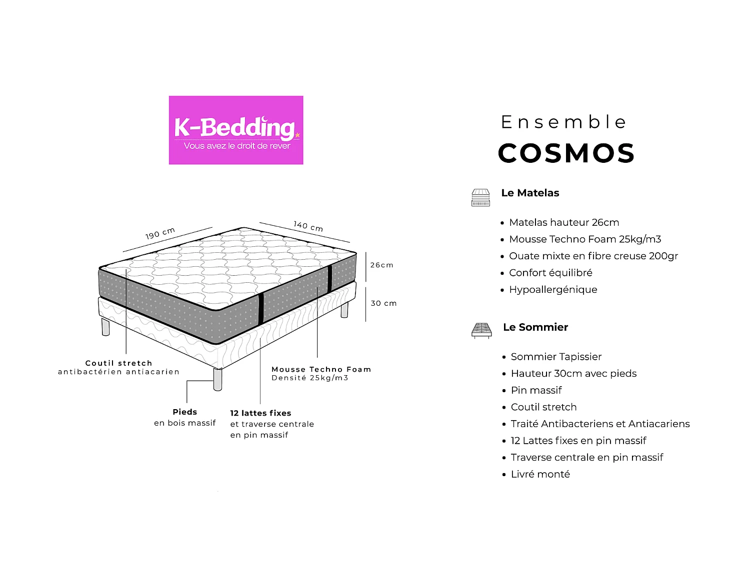 Ensemble Cosmos 140x190 cm Hauteur 26 cm Mousse Techno Foam haute densité avec Sommier Tapissier pin massif Confort mi-ferme