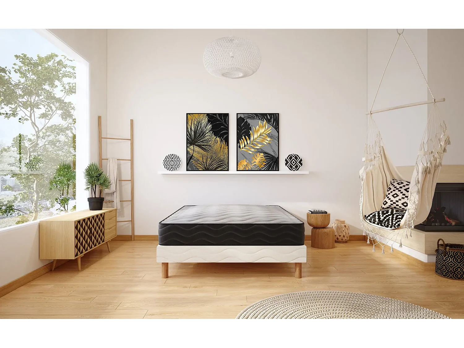 Ensemble 3D 160x200 cm Hauteur 20 cm Mousse Polyuréthane Techno Foam avec Sommier Tapissier pin massif Soutien mi-ferme