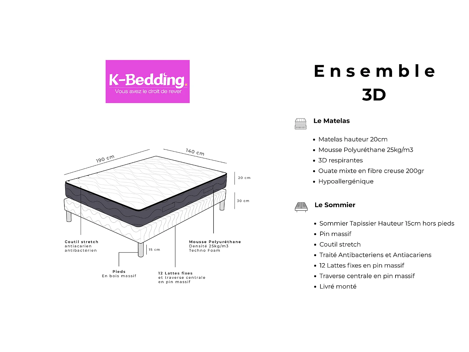 Ensemble 3D 140x190 cm Hauteur 20 cm Mousse Polyuréthane Techno Foam avec Sommier Tapissier pin massif Soutien mi-ferme