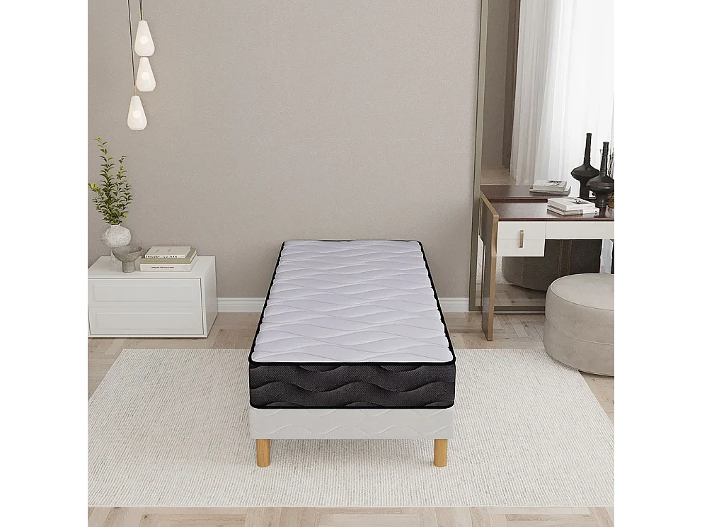 Ensemble 3D 90x190 cm Hauteur 20 cm Mousse Polyuréthane Techno Foam avec Sommier Tapissier pin massif Soutien mi-ferme