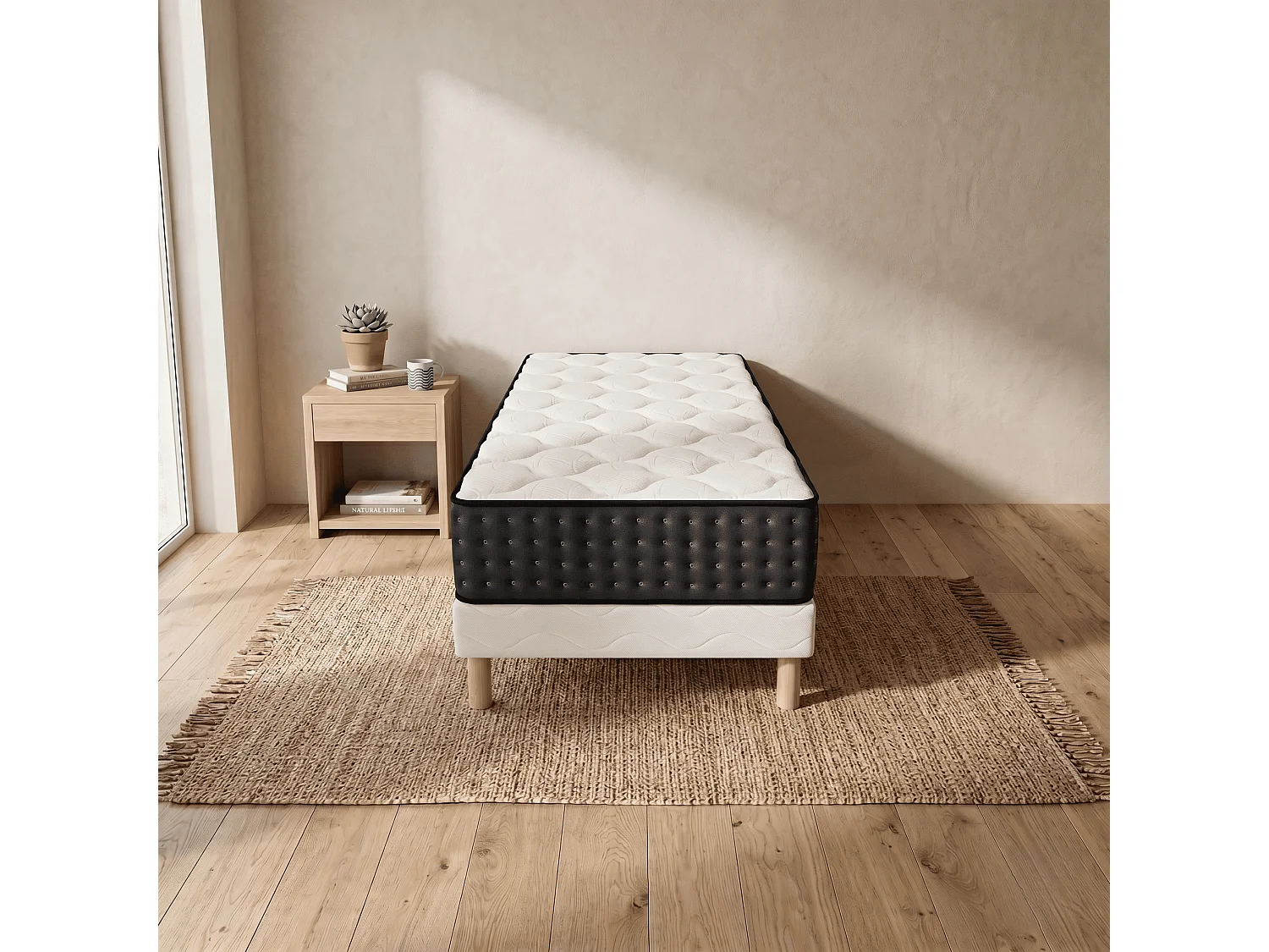 Ensemble Cosmos 90x190 cm Hauteur 26 cm Mousse Techno Foam haute densité avec Sommier Tapissier pin massif Confort mi-ferme