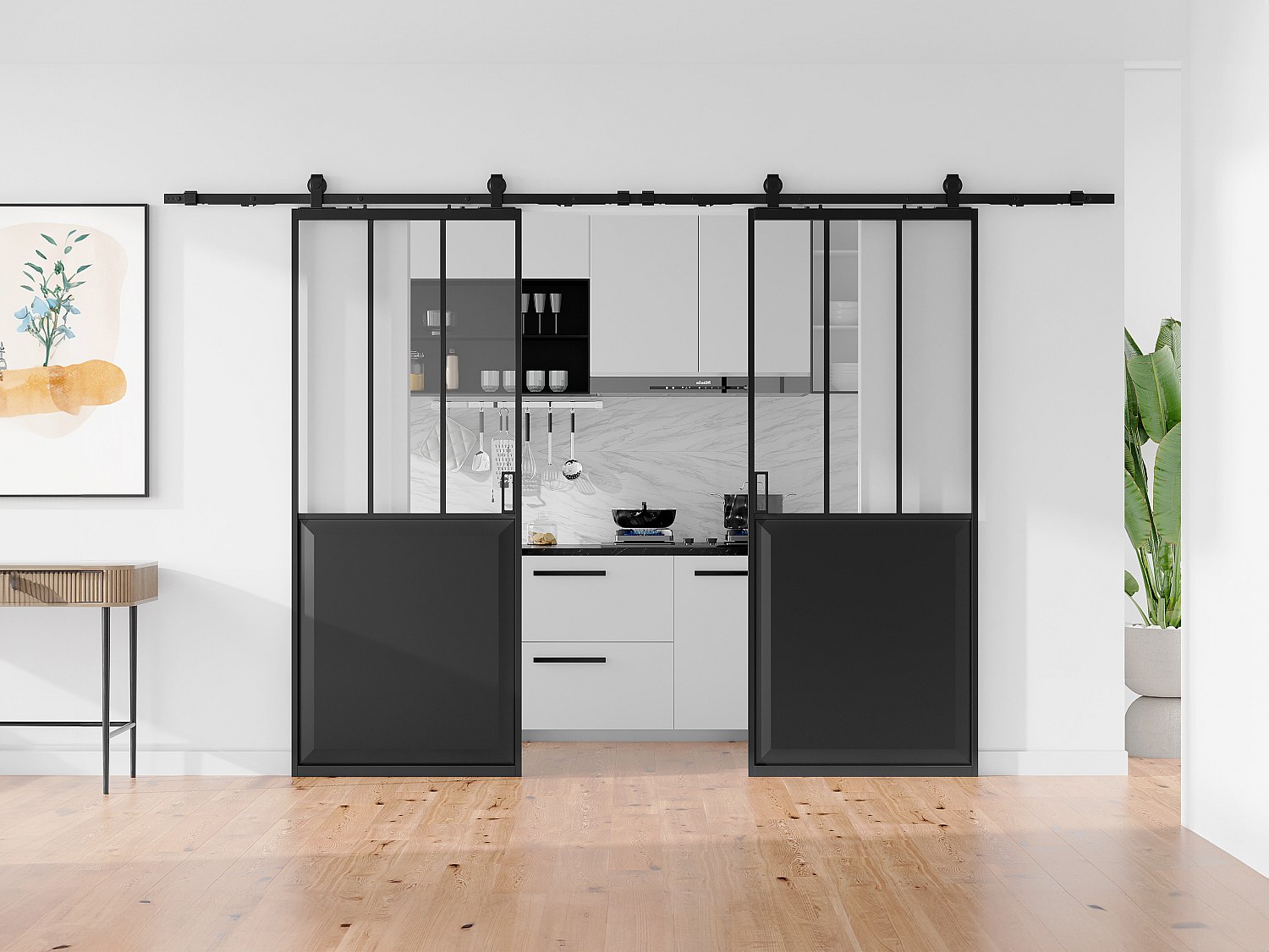 Vente-unique Doppel-Atelier-Schiebetür Mit Laufschienensystem - Schwarz & Sicherheitsglas - 2 X 205 Cm X 63 Cm - Artisto Ii