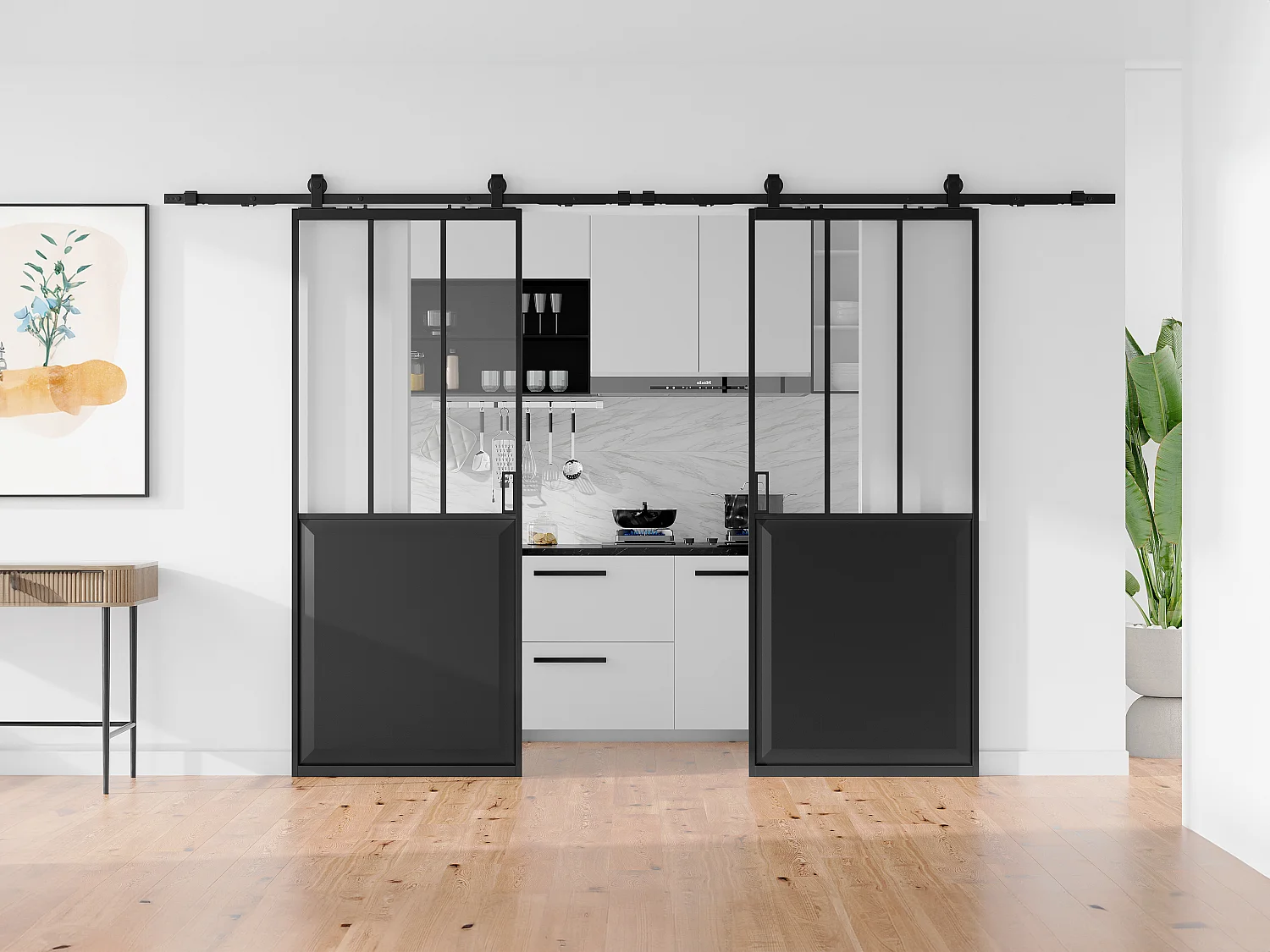 Dubbele hangende schuifdeur met opbouwsysteem - Zwart en gehard glas - 2 x H205 x L83 cm - ARTISTO II