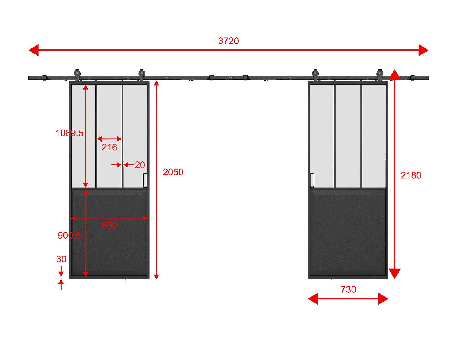 Porte coulissante double atelier avec système en applique - Noir et verre trempé dépoli - 2 x H205 x L73 cm - ARTISTO II