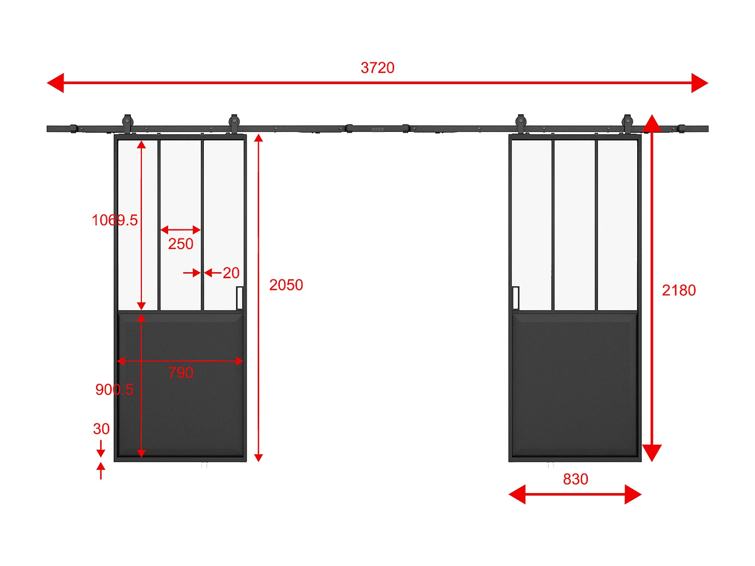 Dubbele schuifdeur in atelierstijl met opbouwsysteem - Zwart MDF en gehard matglas - 2 x H205 x L83 cm - ARTISTO II