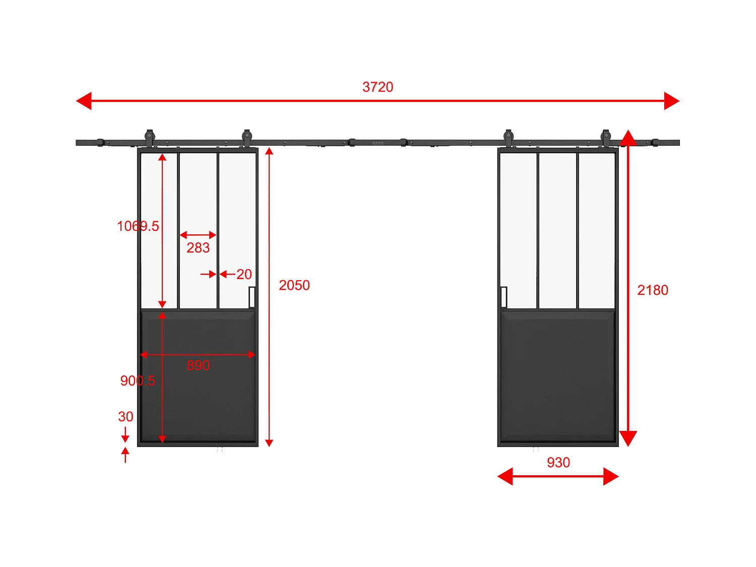 Puerta corredera doble estilo taller - Negro y vidrio templado esmerilado - 2 x Alt. 205 x Ancho 93 cm - ARTISTO II
