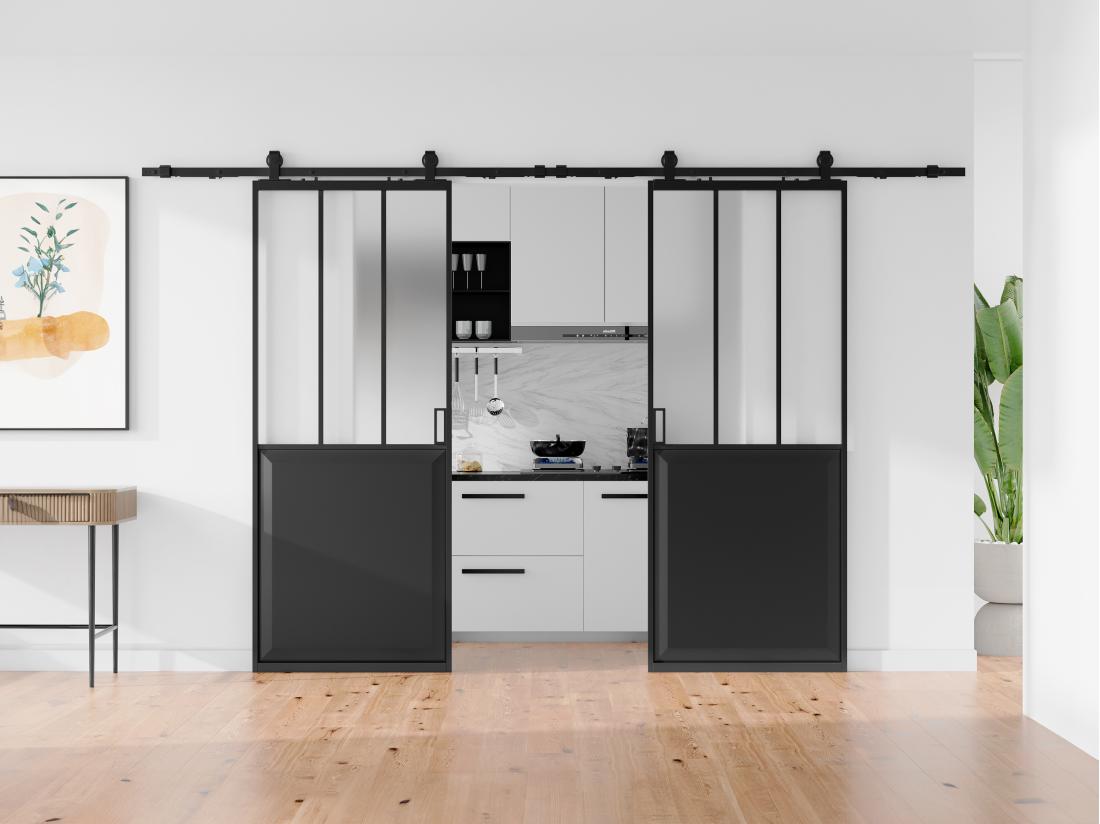 vente unique Porte coulissante double atelier avec système en applique - Noir et verre trempé dépoli - 2 x H205 x L93 cm - ARTISTO II