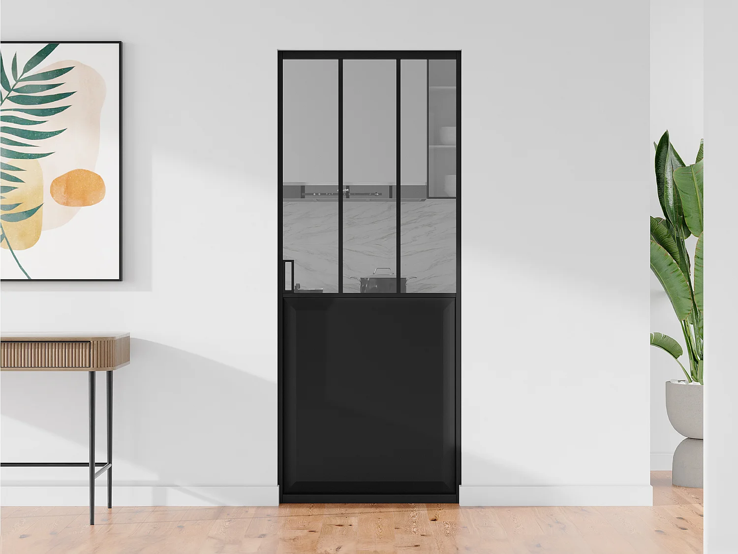 Skydedør i atelierstil med galandage-system - Sort og hærdet glas - H205 x L83 cm - ARTISTO II