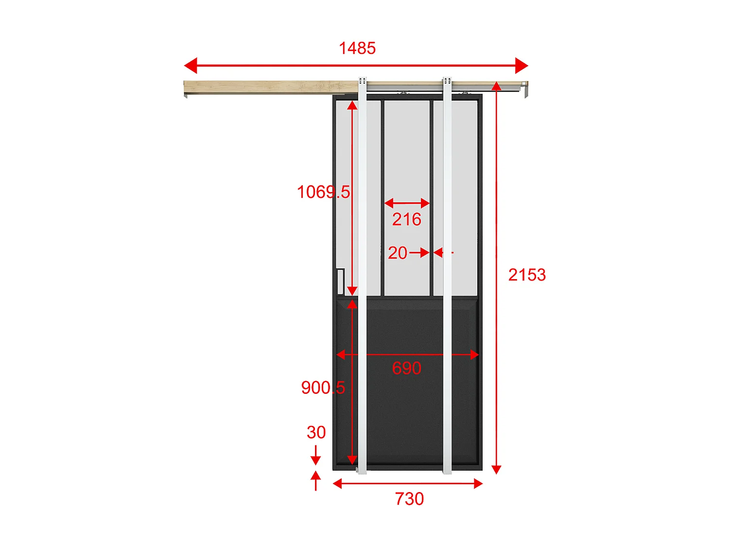 Schuifdeur werkplaatsstijl met schuifsysteem - Zwart en gehard glas - H205 x B73 cm - ARTISTO II