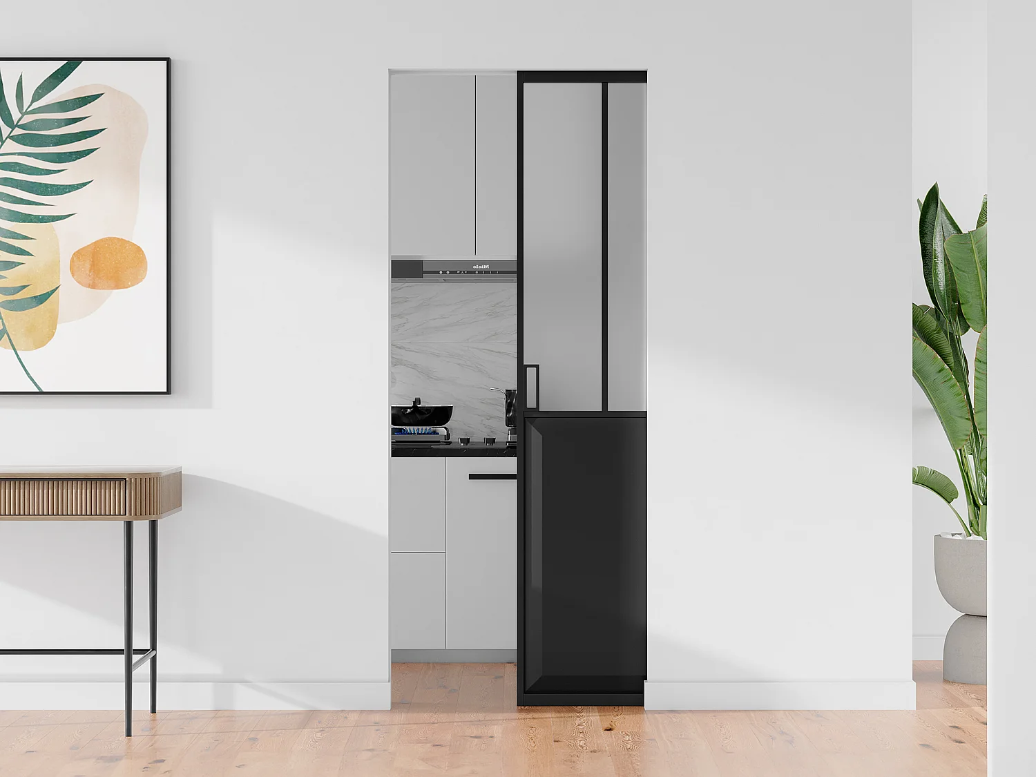 Porte coulissante atelier avec système à galandage - Noir et verre trempé dépoli - H205 x L93 cm - ARTISTO II