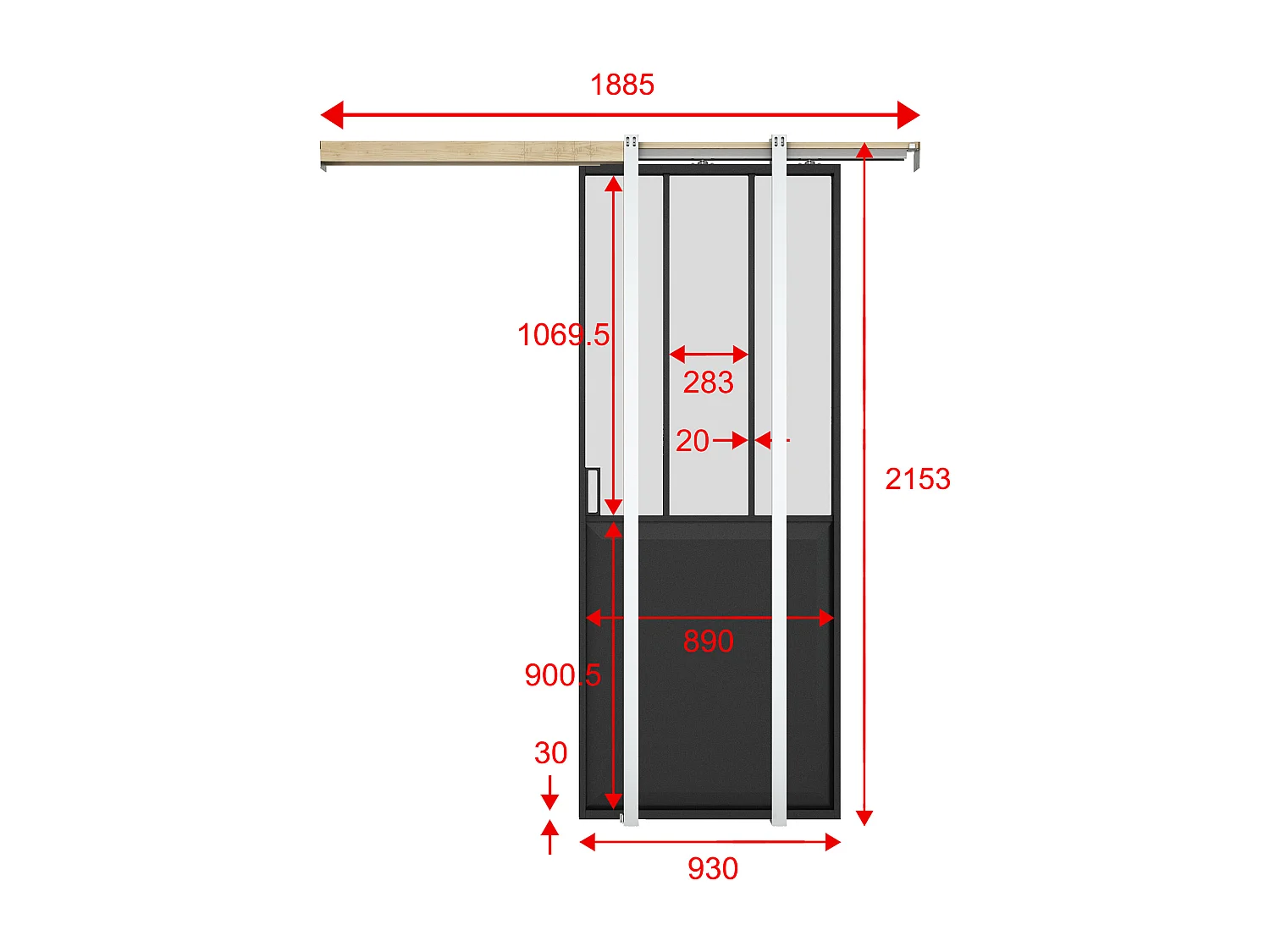 Porta scorrevole atelier con sistema a incasso H205 x L93 cm Nero e Vetro temperato smerigliato - ARTISTO II