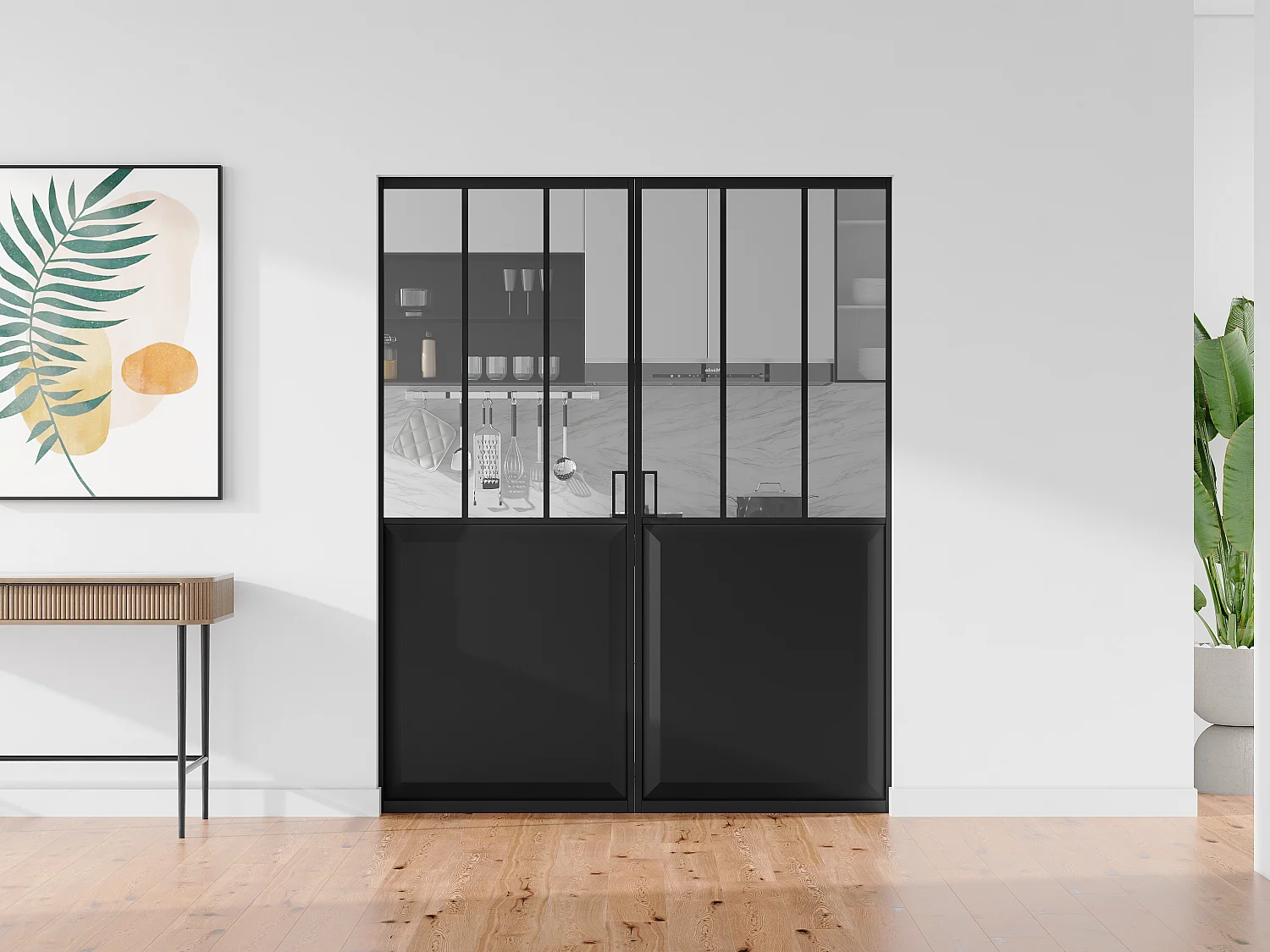 Porte coulissante double atelier avec système à galandage - Noir et verre trempé - 2 x H205 x L63 cm - ARTISTO II