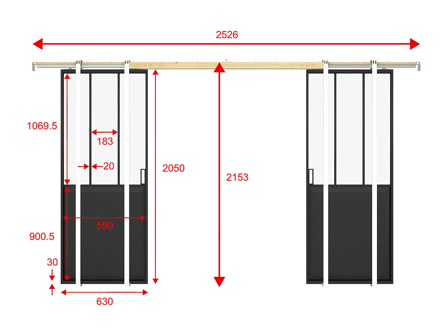 Puerta corredera doble tipo tallerempotrada - Negro y vidrio templado - 2 x Alt. 205 x Ancho 63 cm - ARTISTO II