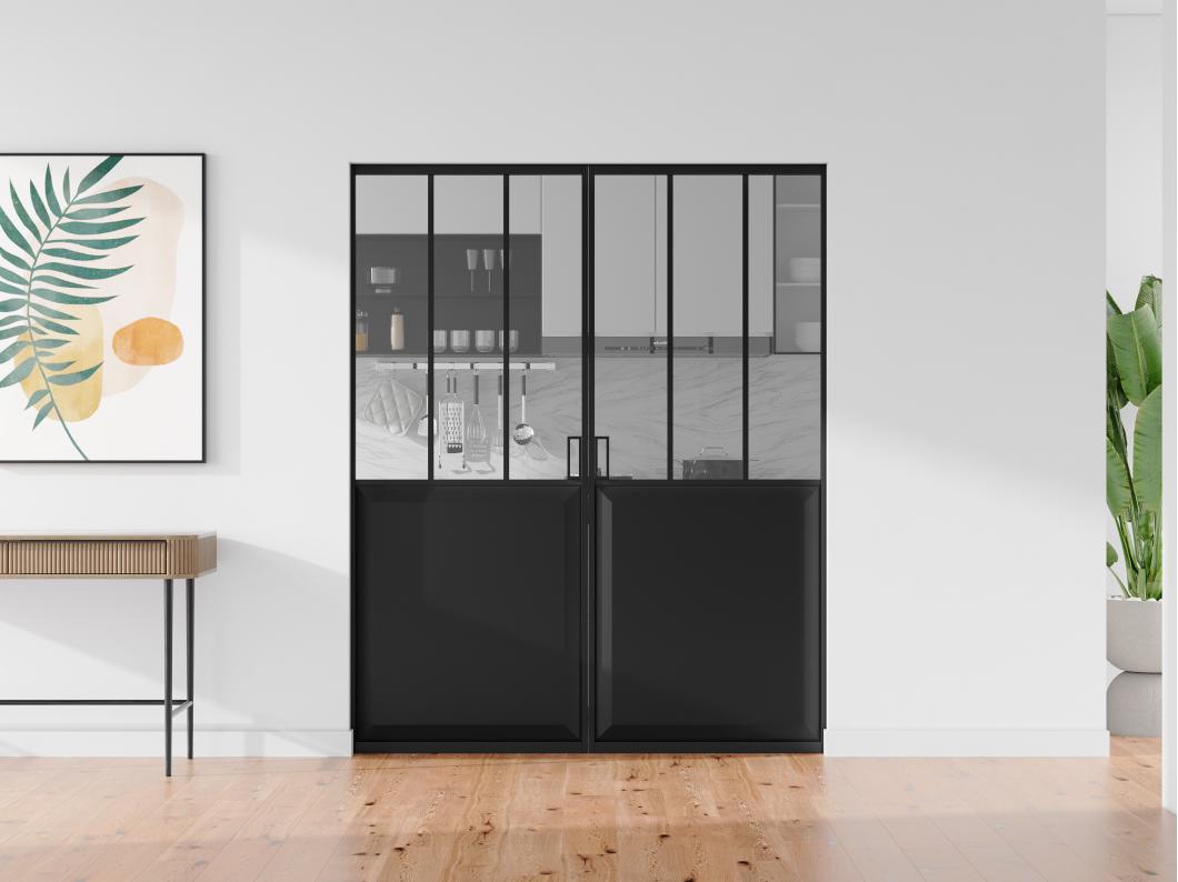 Porta scorrevole doppia atelier con sistema a incasso 2 x H205 x L63 cm Nero e Vetro temperato - ARTISTO II