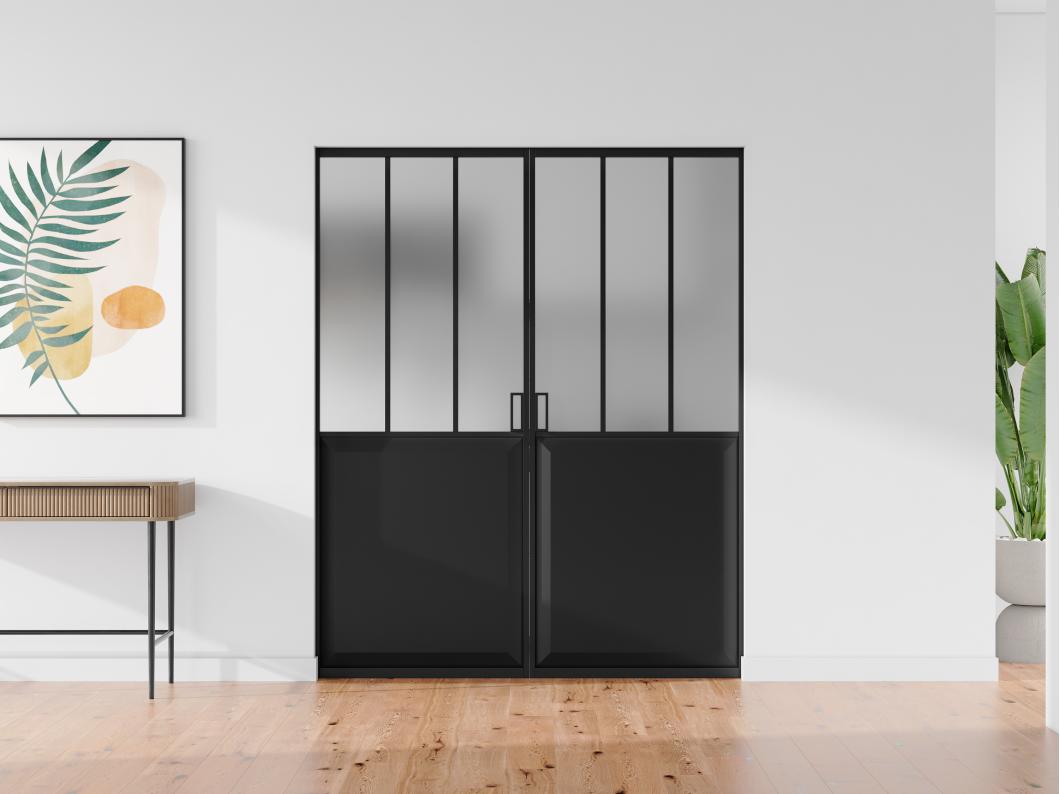 Porte coulissante double atelier avec système à galandage - Noir et verre trempé dépoli - 2 x H205 x L73 cm - ARTISTO II