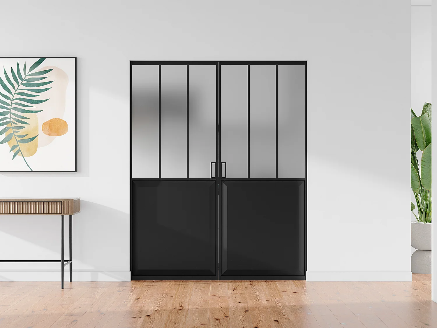 Porte coulissante double atelier avec système à galandage - Noir et verre trempé dépoli - 2 x H205 x L83 cm - ARTISTO II