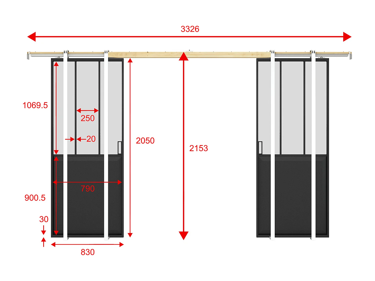 Dubbele schuifdeur met werkplaatsstijl met schuifsysteem - Zwart en mat gehard glas - 2 x H205 x B83 cm - ARTISTO II