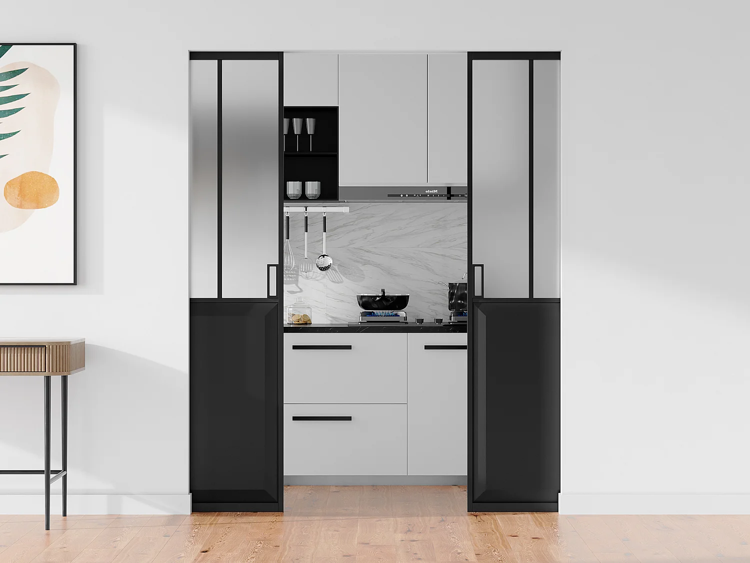Porte coulissante double atelier avec système à galandage - Noir et verre trempé dépoli - 2 x H205 x L83 cm - ARTISTO II