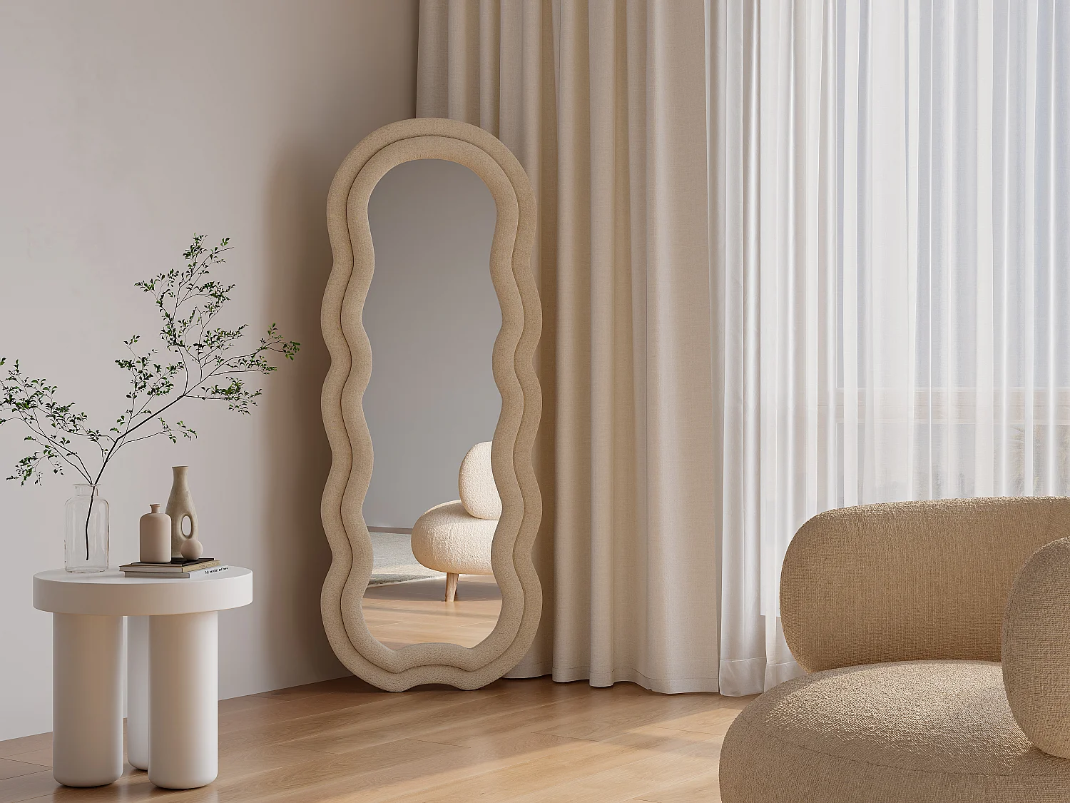 Miroir organique en velours - L. 60 x H. 160 cm - Beige - LINOA