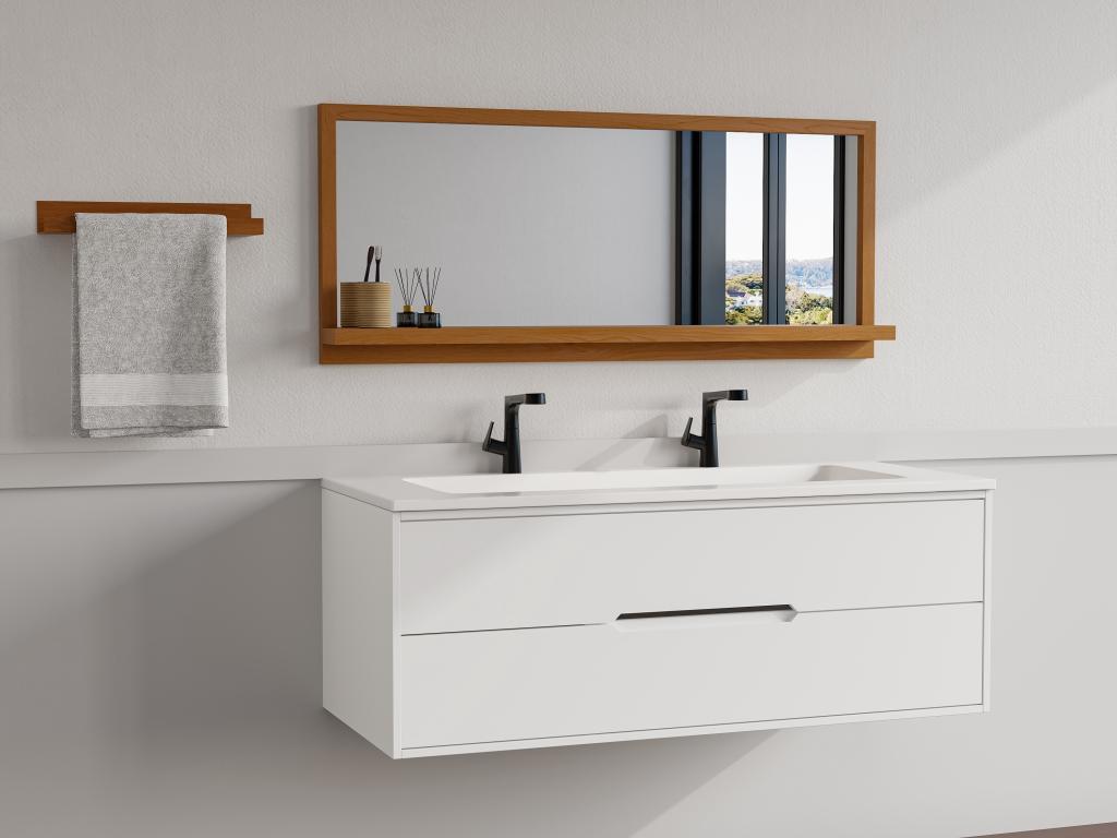 Miroir mural avec tablette en bois de chêne - L. 120 x H. 50 cm - Naturel - JIAO