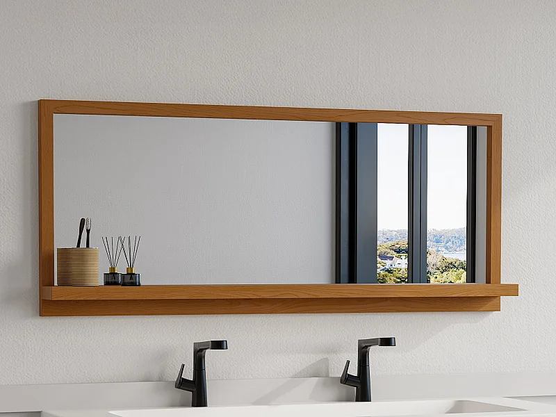 Miroir mural avec tablette en bois de chêne - L. 120 x H. 50 cm - Naturel - JIAO