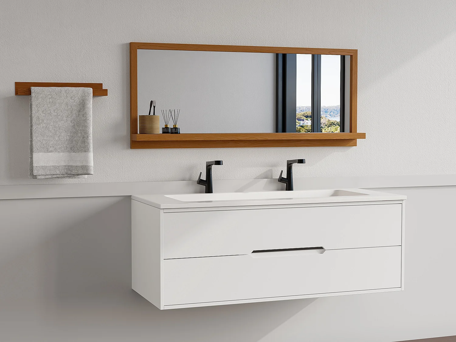 Miroir mural avec tablette en bois de chêne - L. 120 x H. 50 cm - Naturel - JIAO