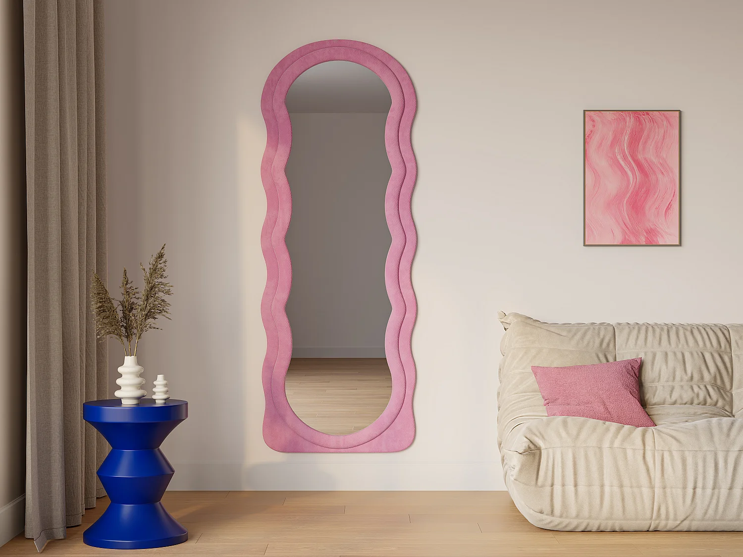 Miroir organique en velours - L. 65 x H. 170 cm - Rose - AYANI