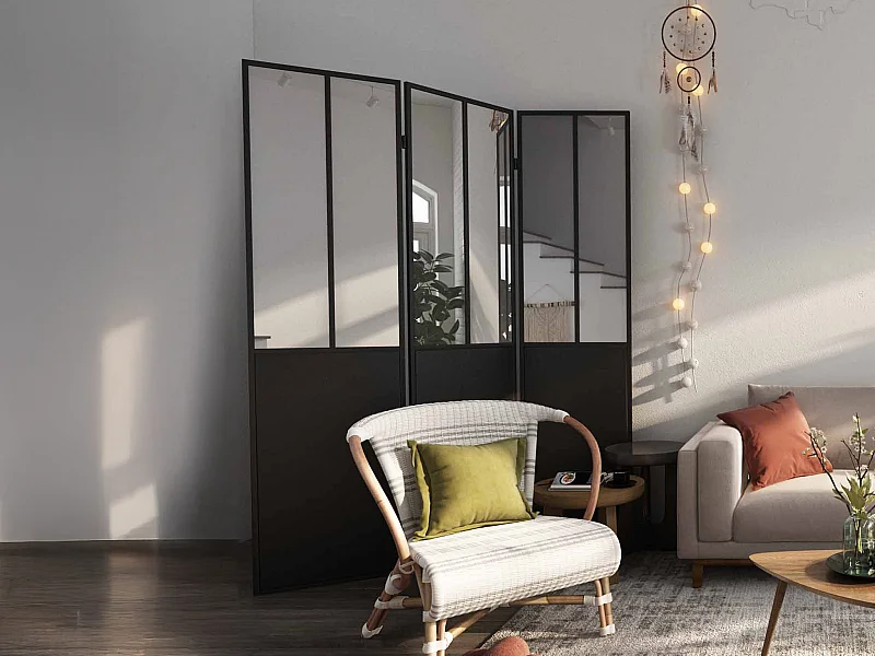 Paravent miroir atelier industriel 3 pans - Métal - H. 180 x L. 122 cm - Noir - COVENTRY