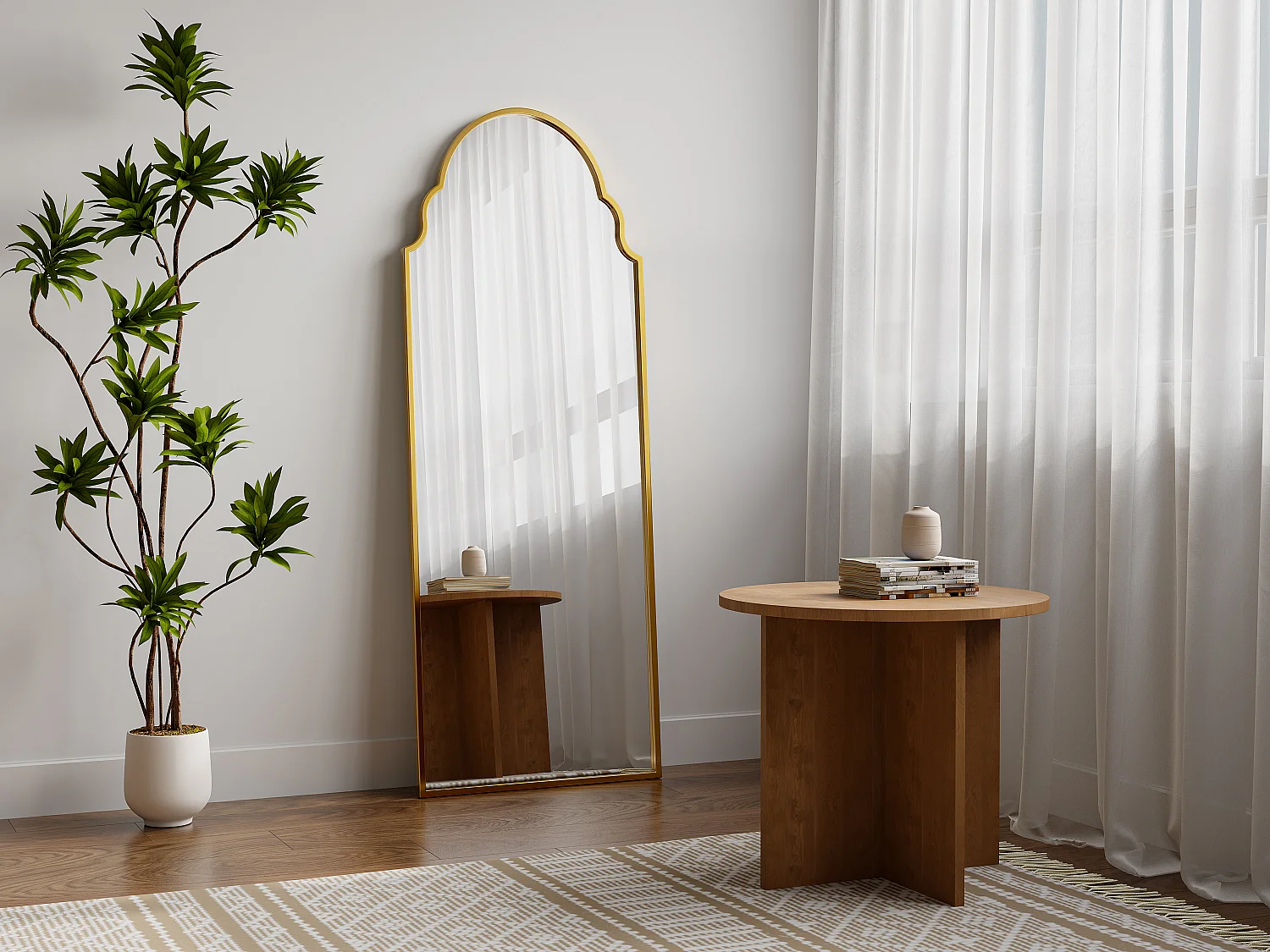 Grand miroir vintage en métal- L. 60 x H. 160 cm - Doré - KARIAN