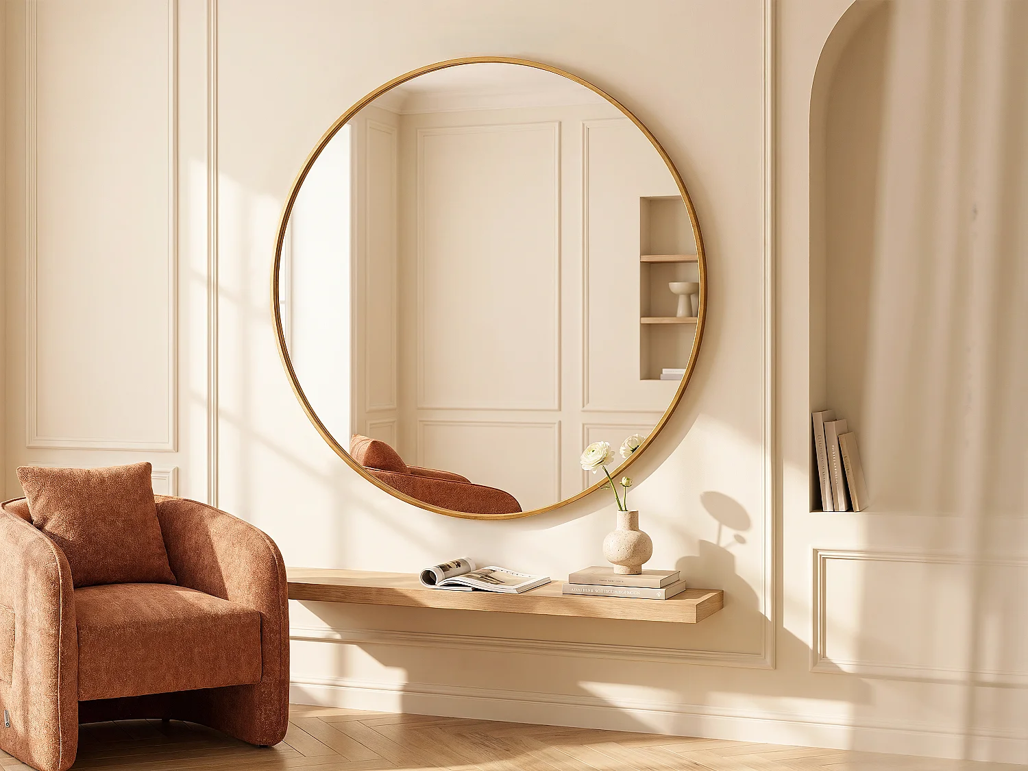 Grand miroir mural rond en métal - D. 150 cm - Doré - RONDIA