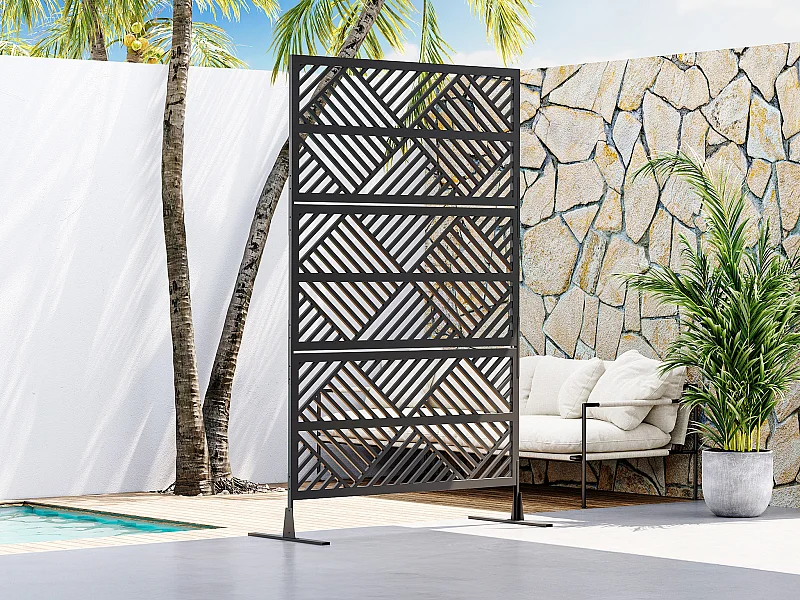 Paravent für den Außenbereich - durchbrochenes geometrisches Design - Metall - 117 x 190 cm - Schwarz - MONDRILI