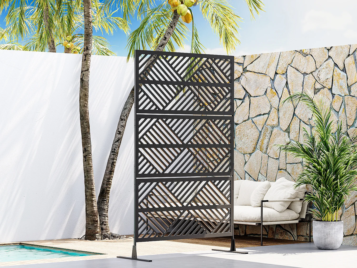 Paravent d'extérieur design géométrique ajouré en métal - L117 x H190 cm - Noir - MONDRILI