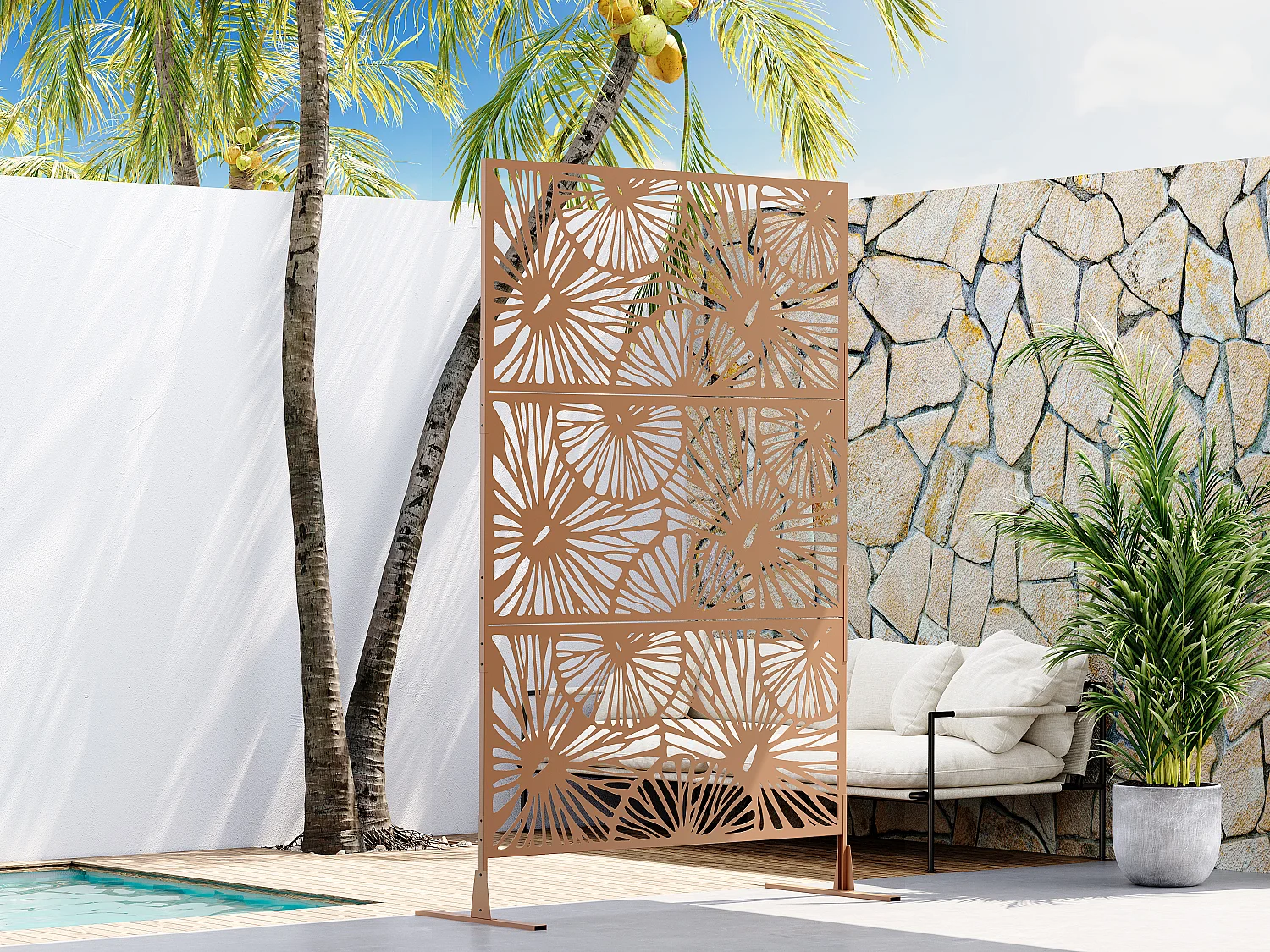 Paravent für den Außenbereich - durchbrochenes Blumendesign - Metall - 116 x 188 cm - Terracotta - VENGY