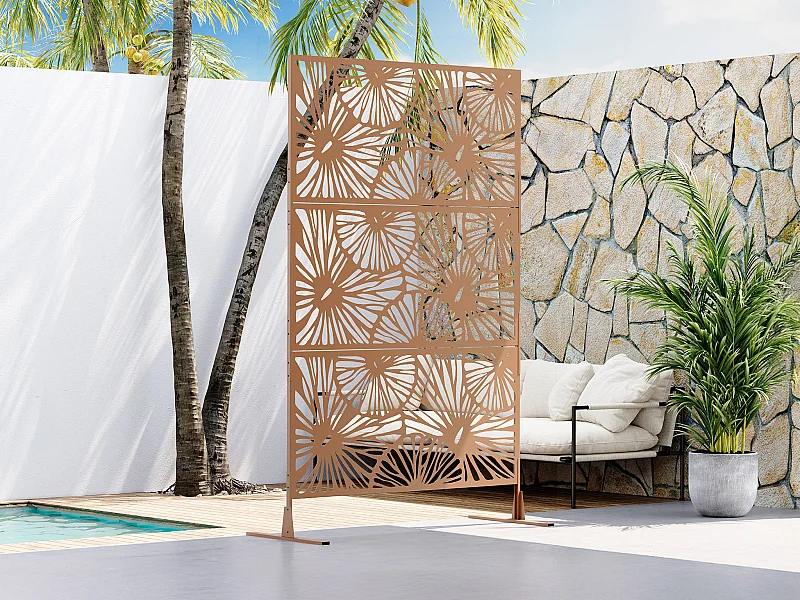 Paravent für den Außenbereich - durchbrochenes Blumendesign - Metall - 116 x 188 cm - Terracotta - VENGY