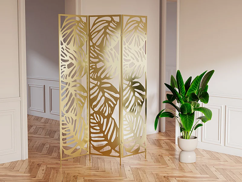 Parawan ażurowy metalowy z roślinnym wzorem 3-skrzydłowy szer. 123 x wys. 180 cm - Złoty - KODILA