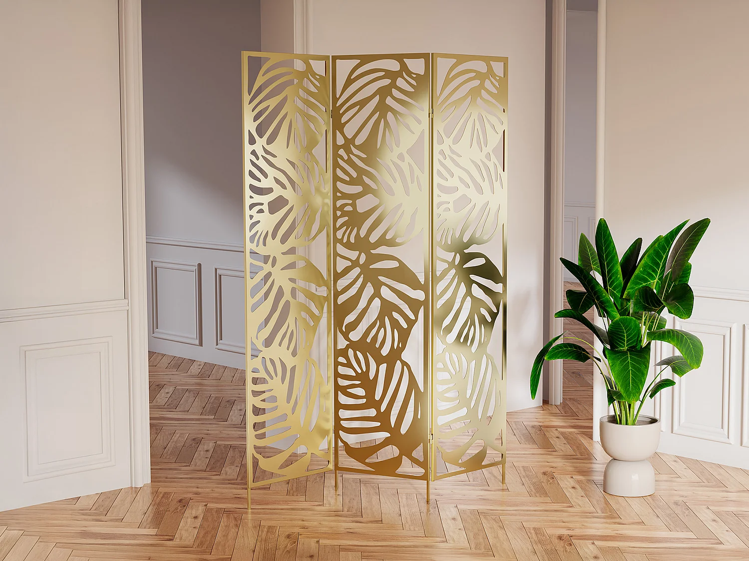 Opengewerkt kamerscherm met bloemmotieven van metaal met 3 luiken L123 x H180 cm - Goudkleurig - KODILA
