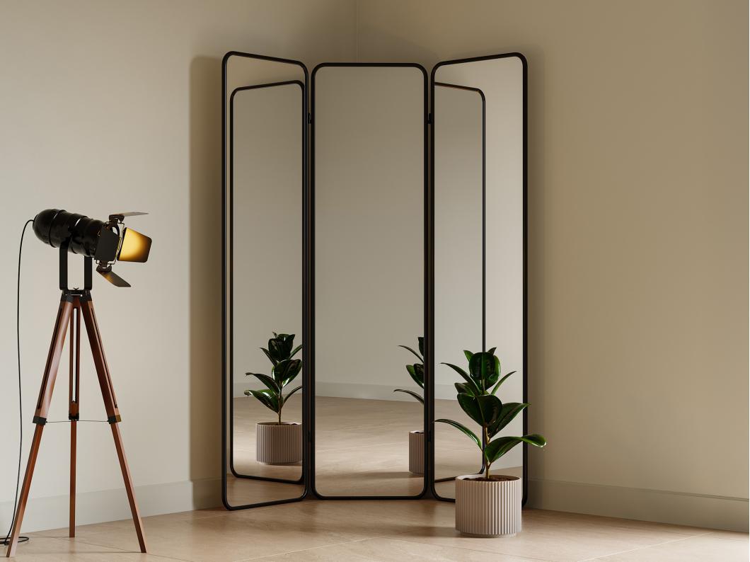 Spiegelparavent - Metall - 146 x 180 cm - Schwarz - MIROLY
