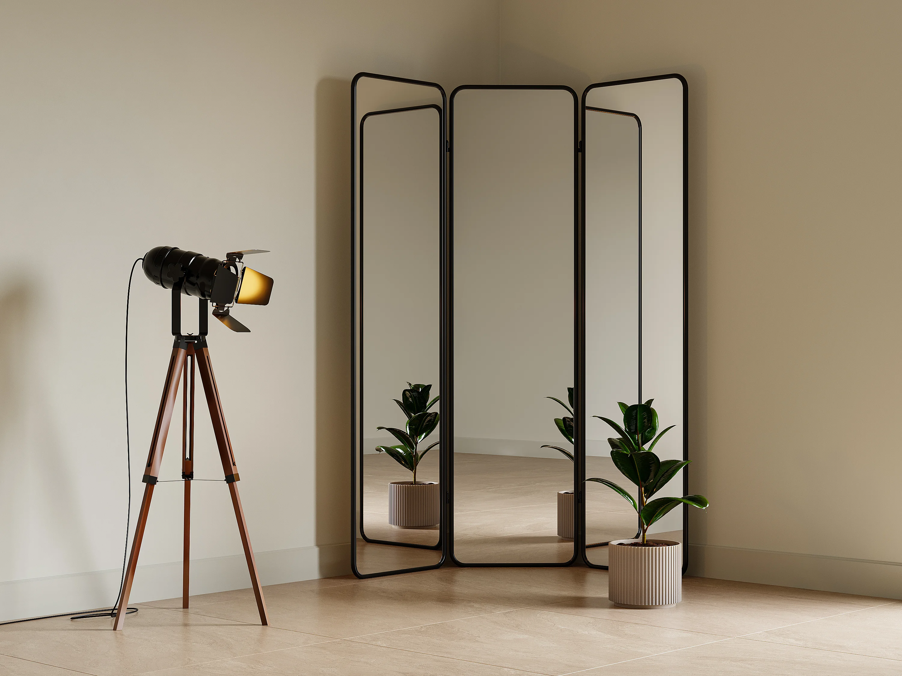 Paravent 3 Pans Miroir Industriel - 180 X 122 Cm - Métal Noir - Style Loft - Livré Monté